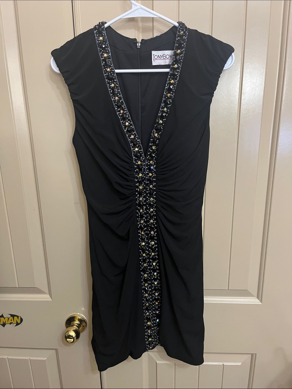 Tony Bowls Black Midi Dress with Embellished Beaded Plunge